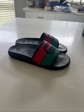 Gucci Black Slides with Red and Green Stripe and Interlocking GG